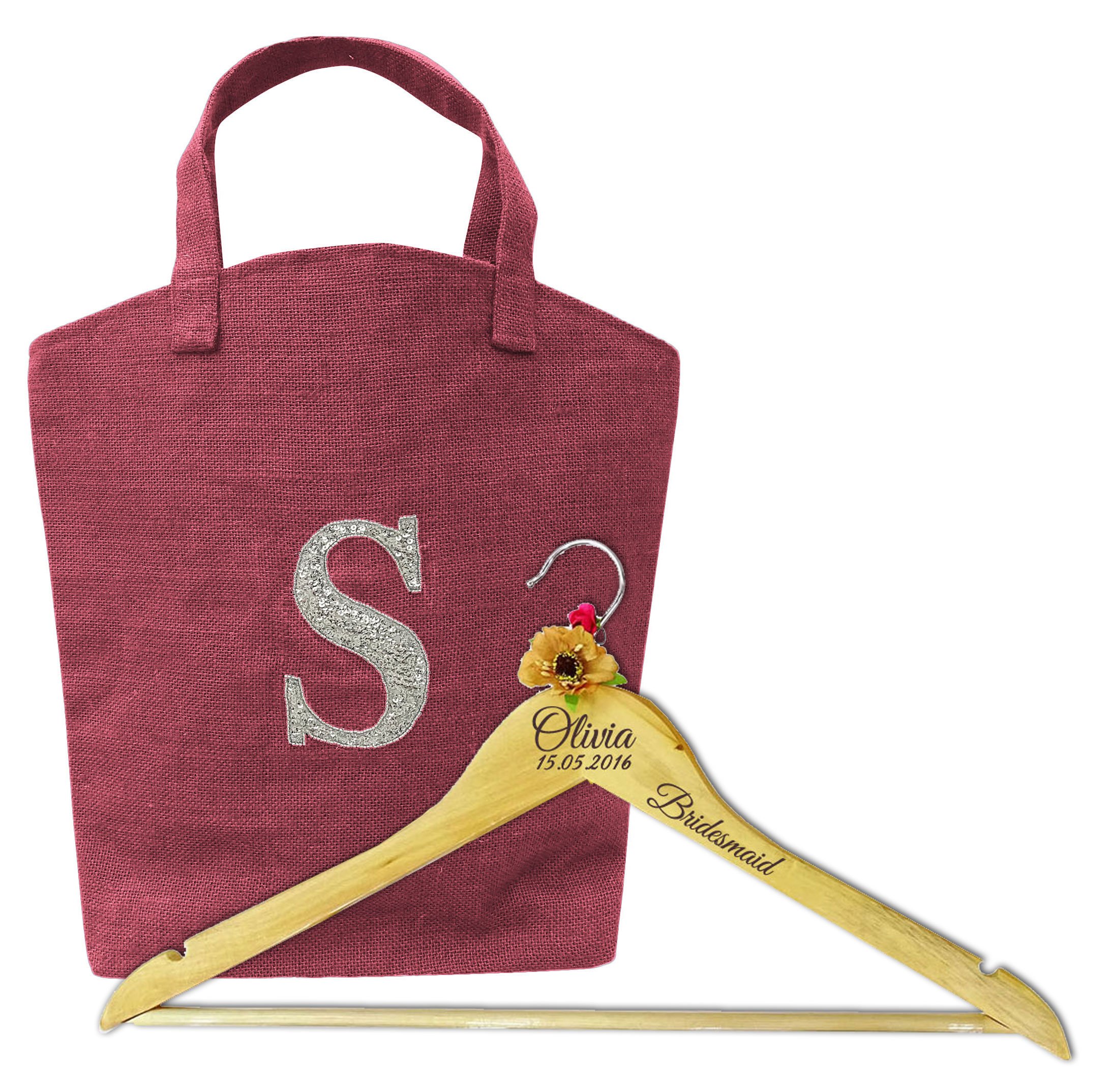 Cadeau de remerciement mariage personnalisé cintre gravé et sac en jute de bridal party
