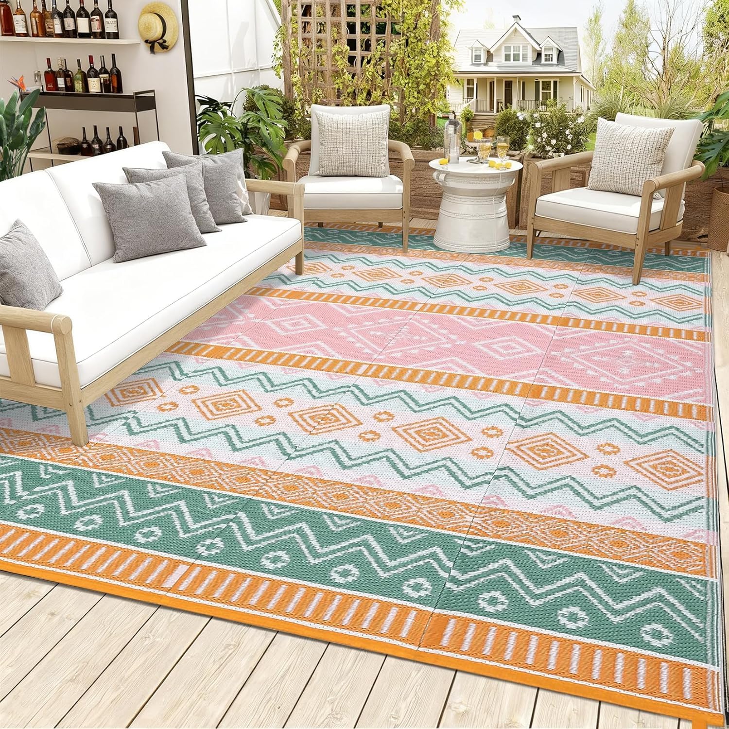 Garvee Outdoor Rug Waterproof 8x10 Reversible Boho Outside Rug, Lightweight & Foldable Patio Carpet, Plastic Straw Indoor Outdoor Mats for Picnic Deck Balcony, Pink Green