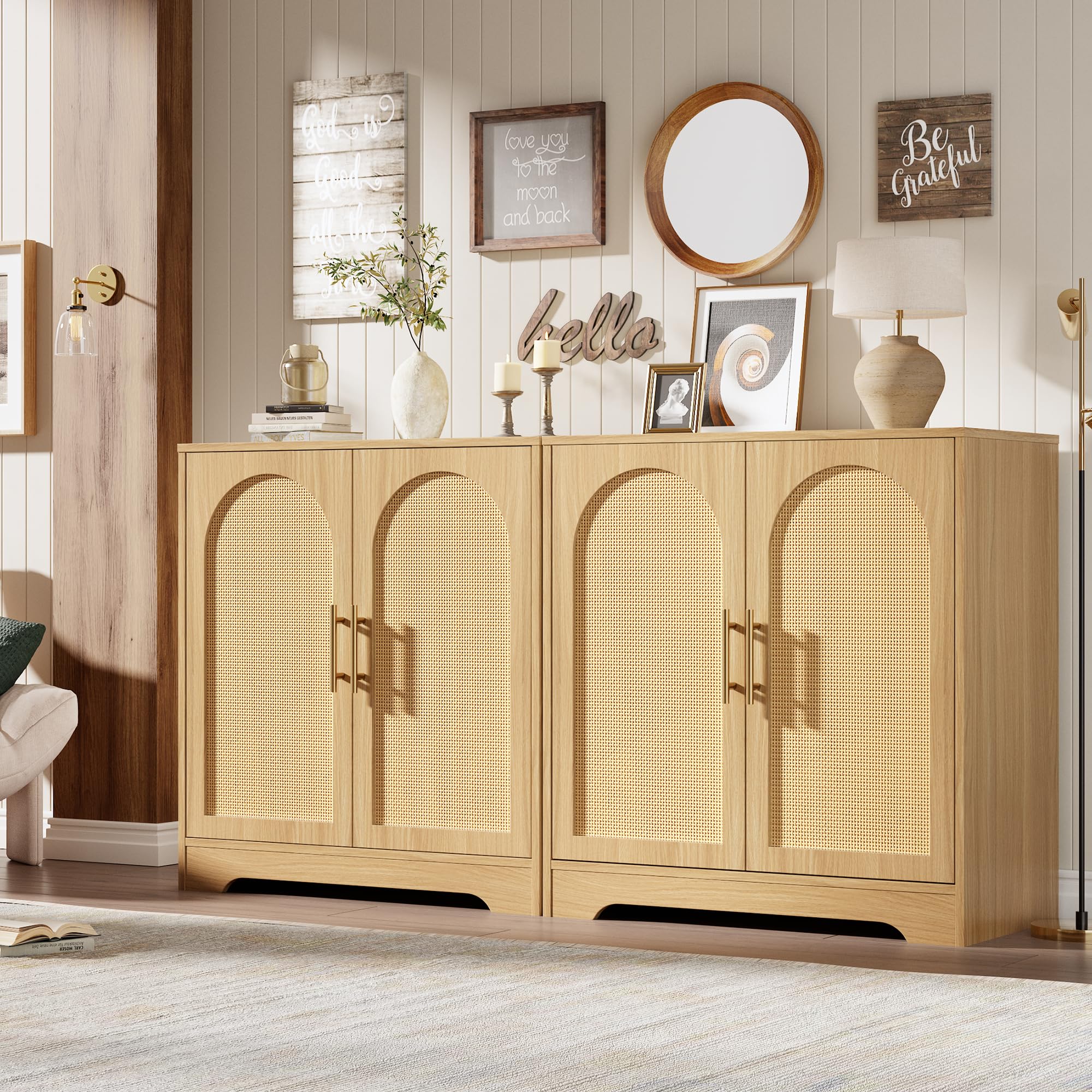Garvee Buffet en Rotin, Meuble de Rangement Moderne Haut 76 cm avec 2 Portes, Console, Buffet d'appoint pour Salon, Salle à Manger, Entrée