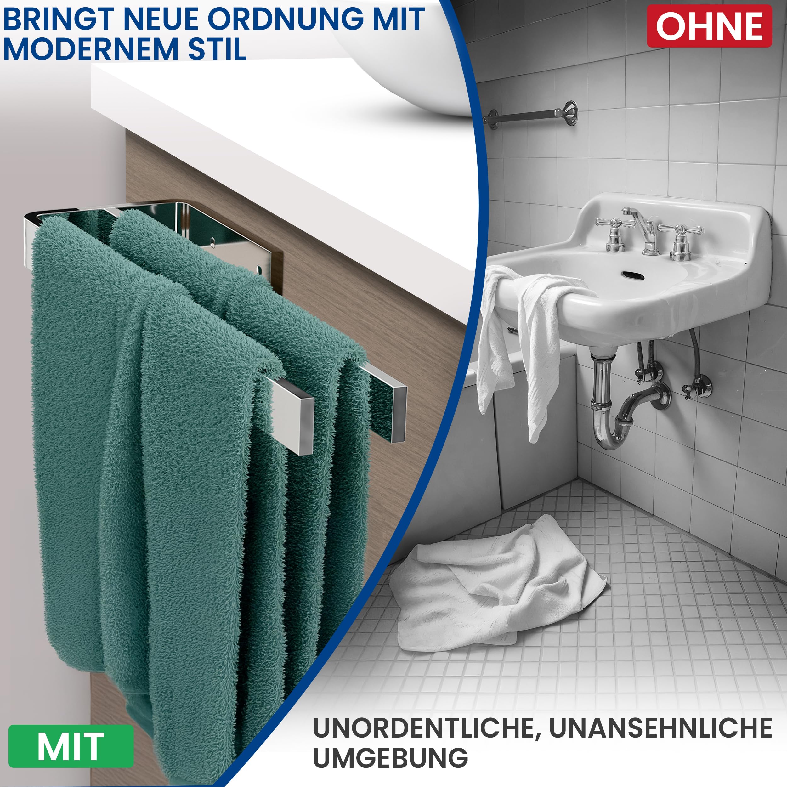 rtmr Handtuchhalter Schrankmontage, zum Bohren, 2-armig, Chrom, Premium Gästehandtuchhalter aus Aluminium, 38 cm, Handtuchstange, platzsparend, Ideal für Bad & Gäste-WC