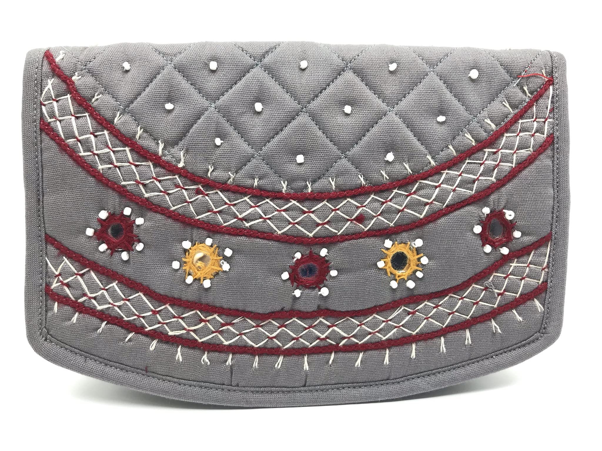 Mini Hand Clutches for Women Hand Purse Banjara Traditional Purse for Girls Clutch Wallet Money (6.5 Inch Mini Purse Grey Mirror, Beads and Thread Work Handcraft)-image-18