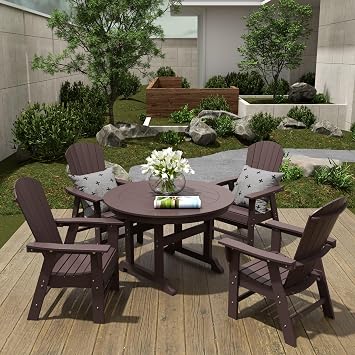 Dylan Adirondack Outdoor Dining Set for 4, All Weather Poly Lumber Patio Table and Chairs Set of 4, 47" Trestle Round Dining Table and Seashell Adirondack Dining Chair, Dark Brown
