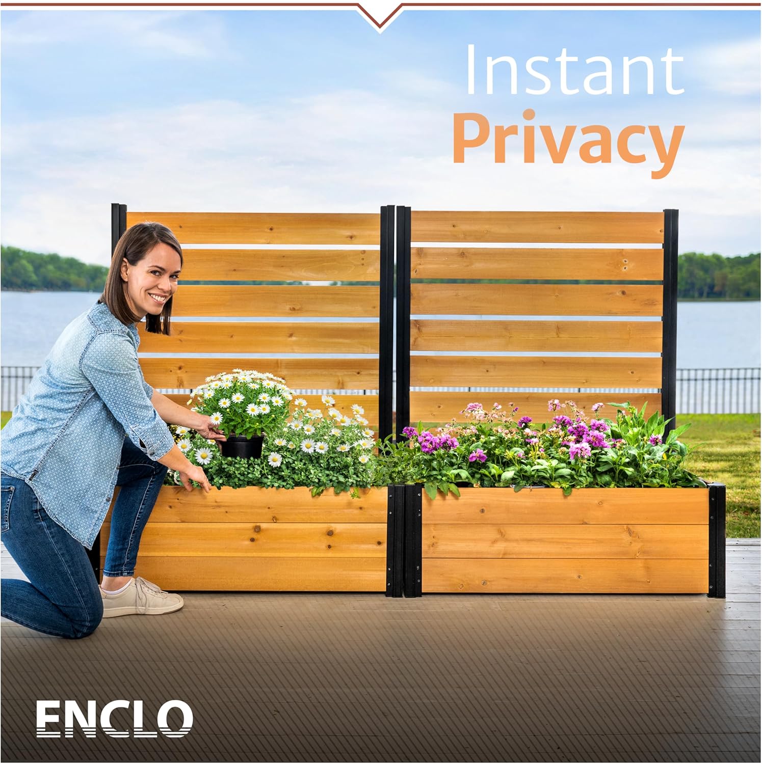 4ft H x 3.4ft W x 1.5ft L (1 Screen w/Planter) Freestanding Cedar Wood Privacy Fence Screen with Planter Box, Outdoor Wood Privacy Screen Panel for Patio, Raised Garden Bed, AZ18040