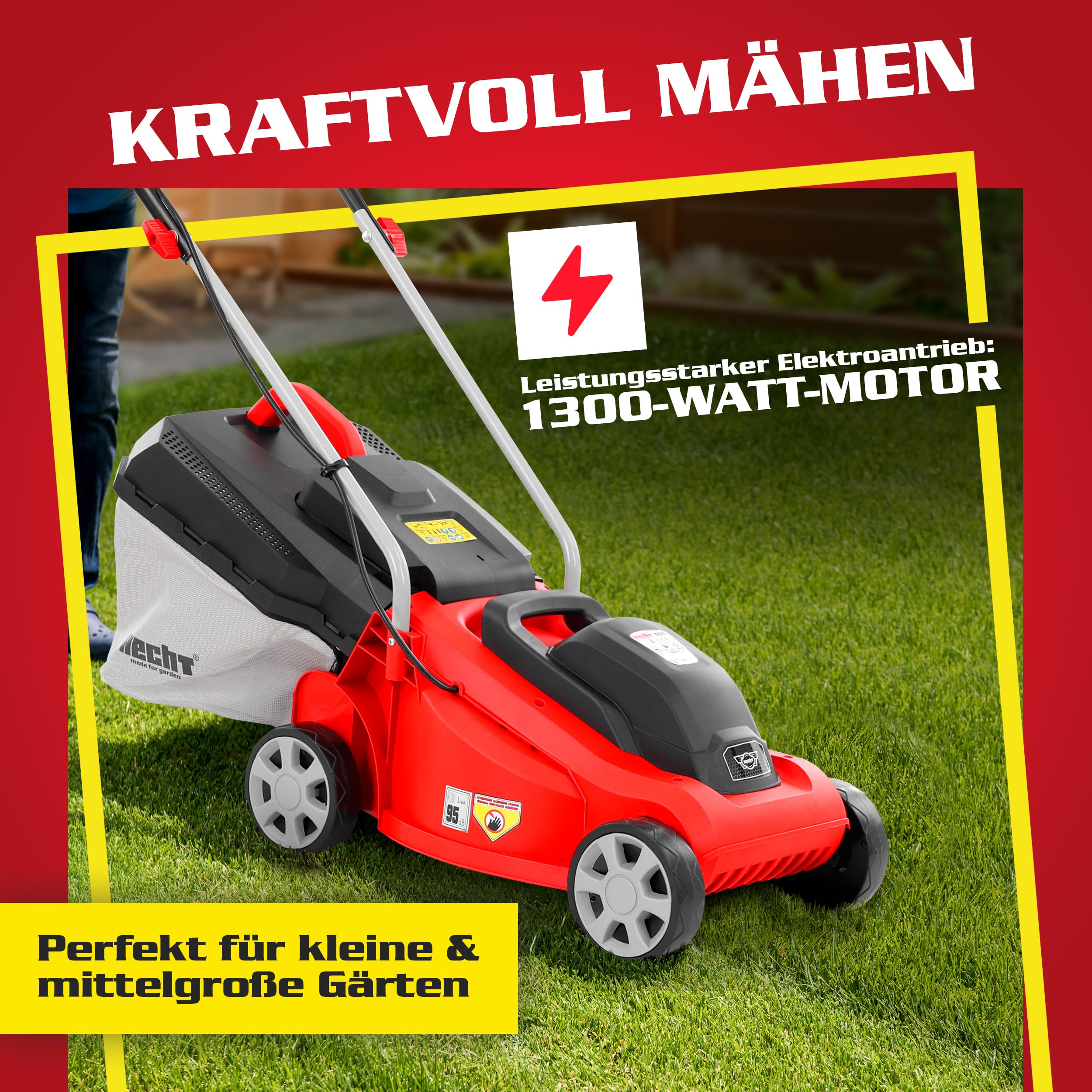 HECHT Elektro Rasenmäher 2in1 1300 W 33 cm 30 L Fangkorb | Radschnitthöheneinstellung 20-60 mm, kompakter Rasenmäher für Garten, Vorgarten und regelmäßige Rasenpflege