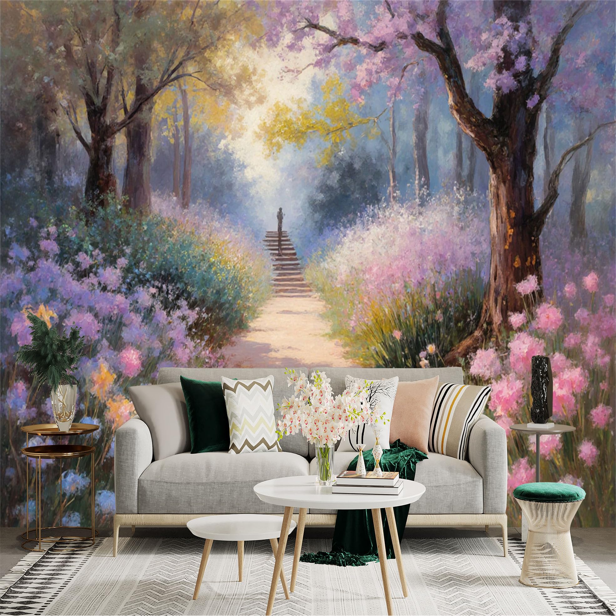 Lnzczhyre Xc260505571 Custom Size Wall Sticker Mural， Enchanted Forest Path With Blooming Flowers， Sunlit Trees And Stone Stairs， Peaceful Nature Scenery， For Wall Decoration， Peelandstick Wall Decals.
