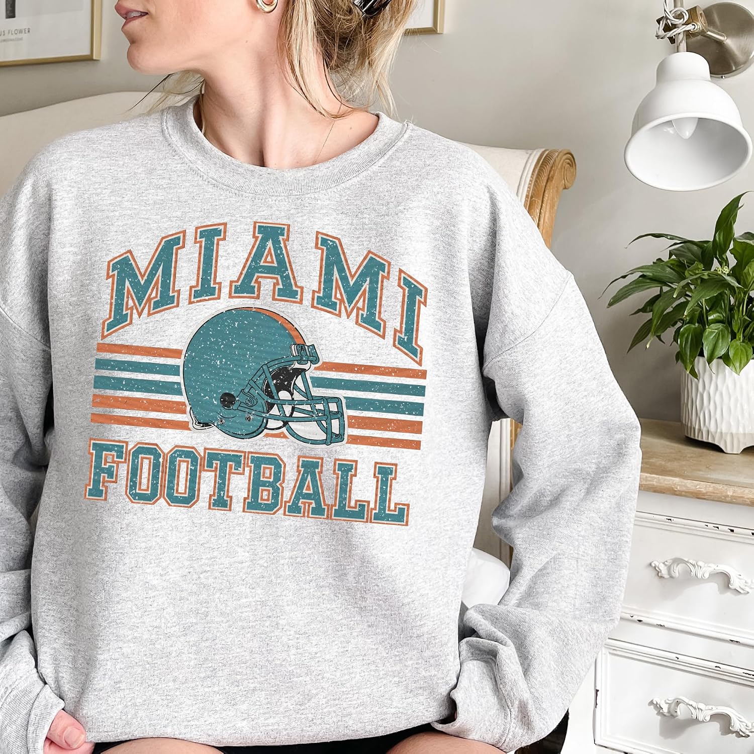 Distressed Miami Football Retro Crewneck Sweatshirt – Vintage College Sports Style – Cozy Unisex Game Day Pullover