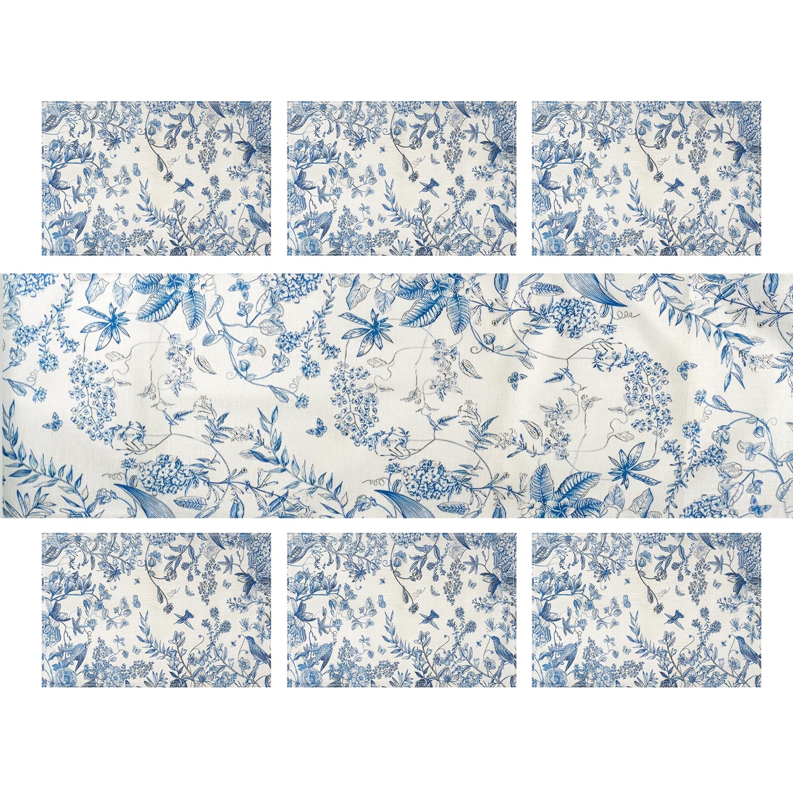 Blue and White Table Runner and Placemats Set of 6, Hydrangea Floral Table Runner with Matching Placemats for Home Party Decoration, Seasonal Summer