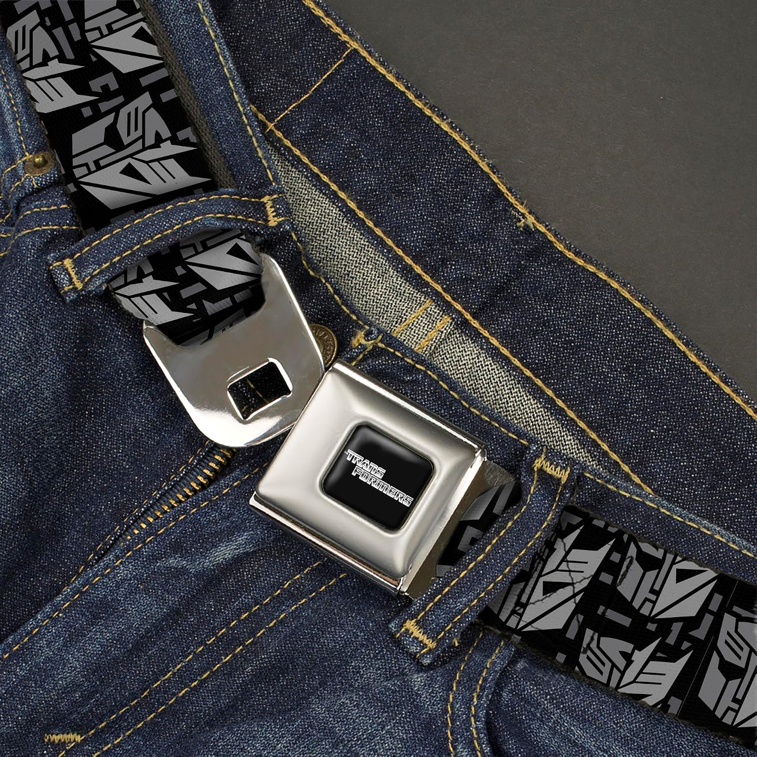 Transformers Belt, Seatbelt Buckle Belt, Transformers Autobot Decepticon Icon Split Black Grays, Adjustable