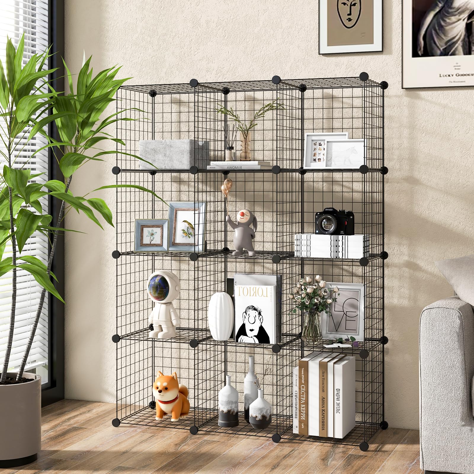 COSTWAY Étagère Cube en Grille Métallique, Armoire de Rangement Conception DIY à 12 Cubes, Modulaires Empilables, Grande capacité, Meuble de Rangement pour Chambre, Bureau, Garage, Noir