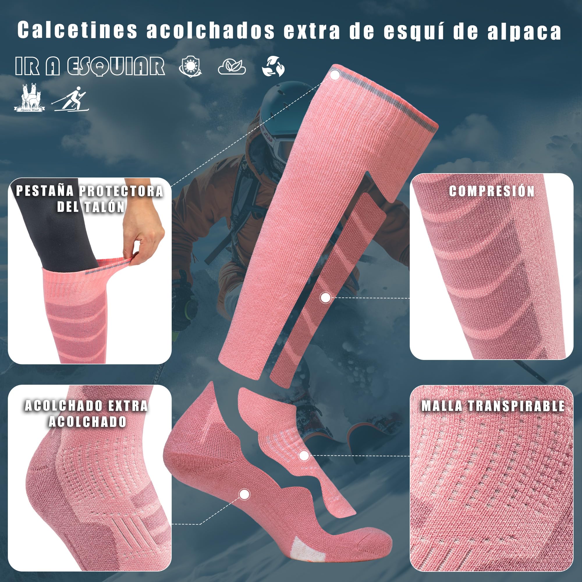 ineepor 2 Pares Alpaca Calcetines Esquí para Hombres, Mujeres Y Jóvenes, Calcetines Altos de Compresión para SNOWBOARD, Calcetines térmicos hasta la rodilla de invierno para Clima Frío Tallas 35-51