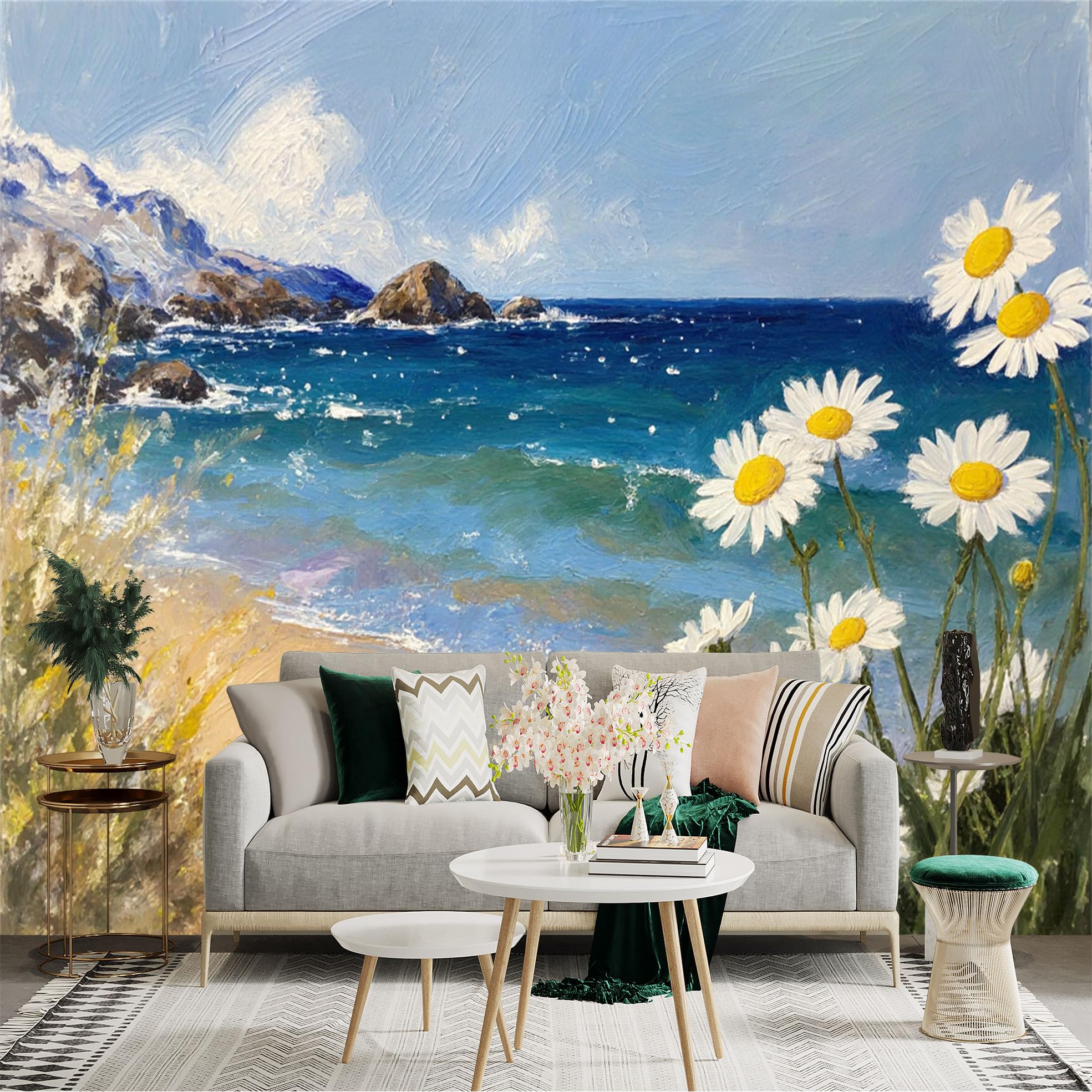 Custom Size Wall Sticker Mural， Seaside Landscape with Daisies， Blue Ocean and Rocky Shore， for wall Decoration， peelandstick wall Decals.