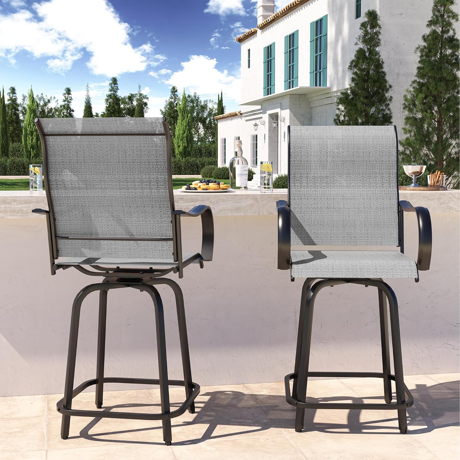 UDPATIO Outdoor Swivel Bar Stools Set of 2,Outdoor High Bistro Stools with Waterproof Textile Fabric,Armrest,Footrest,All Weather Bar Height Patio Chairs for Poolside, Garden, Backyard,Grey White