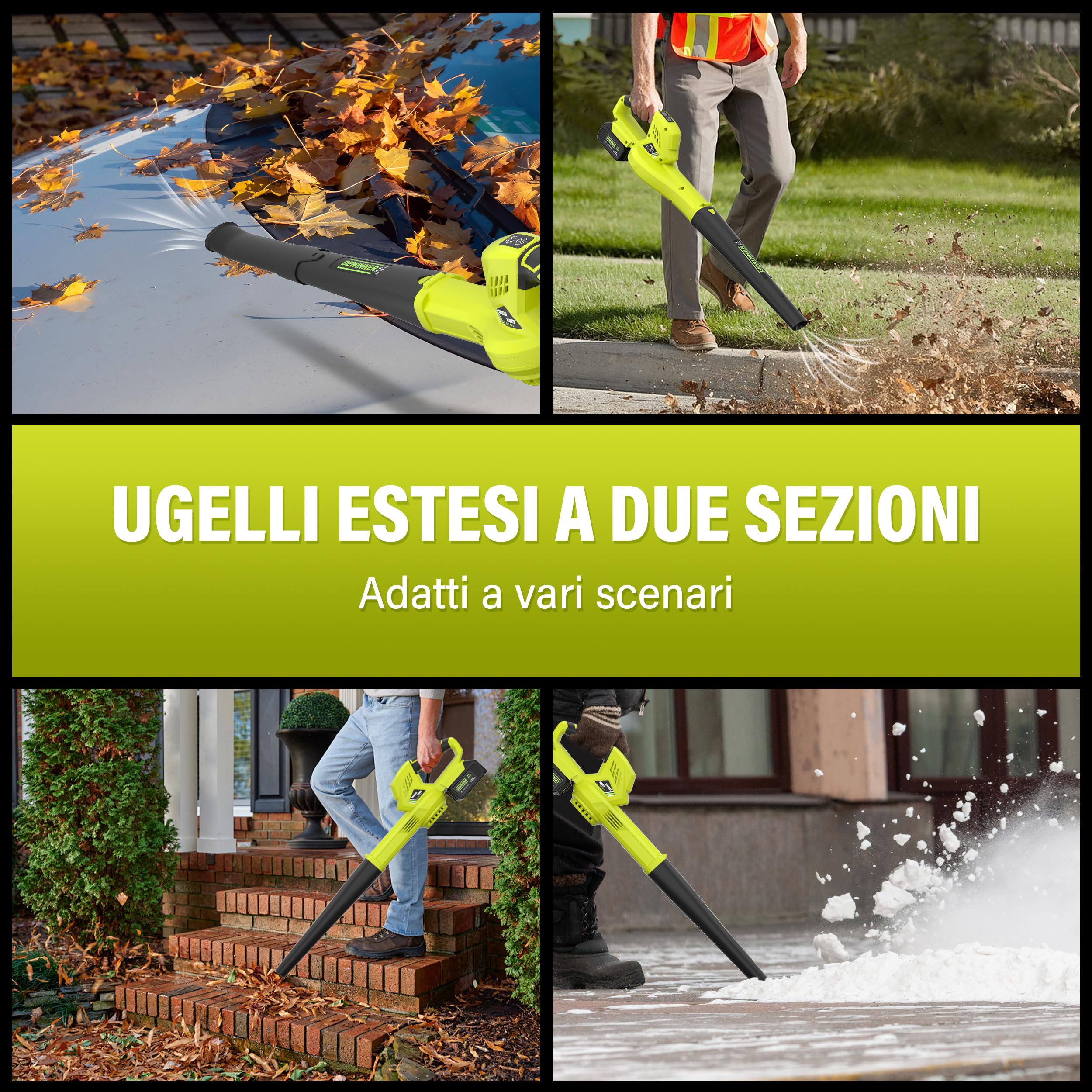 DEWINNER Soffiatore di Foglie Senza Fili, 2 Batterie 4.0Ah, 210 km/h, 6 Velocità Regolabili, 2 Tubi Smontabili, Kit Completo, Professionale per Giardino, Compatibile con Batterie Makita (Verde)