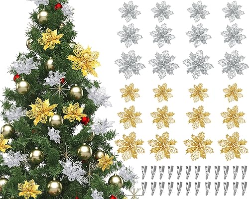 Miniatura 8 de WILLBOND 36 flores de Pascua con purpurina para Navidad, adornos de árbol de Navidad, flores artificiales de Pascua para boda, corona de Navidad,