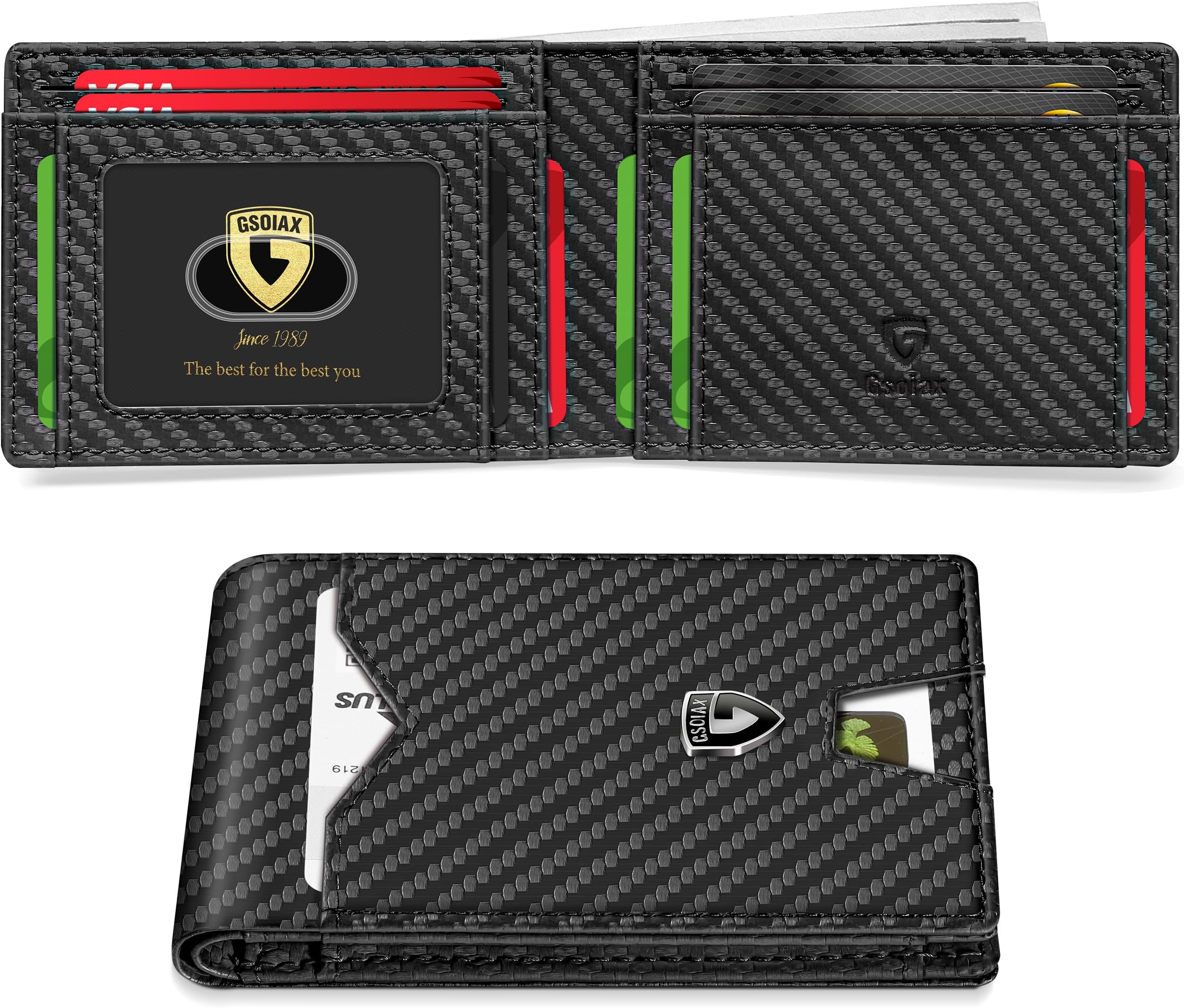 Slim Wallet for Men Rfid Blocking Leather Bifold Front Pocket Carbon Fiber Credit Card Holder Novelty Wallets With Gift Box (Carbon)