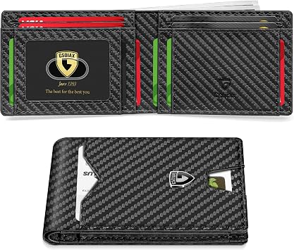 GSOIAX Slim Wallet for Men Rfid Blocking Leather Bifold Front Pocket Carbon Fiber Men's Money Clips Credit Card Holder With Gift Box, Carbon, 4.3x3x0.5 inches, Slim