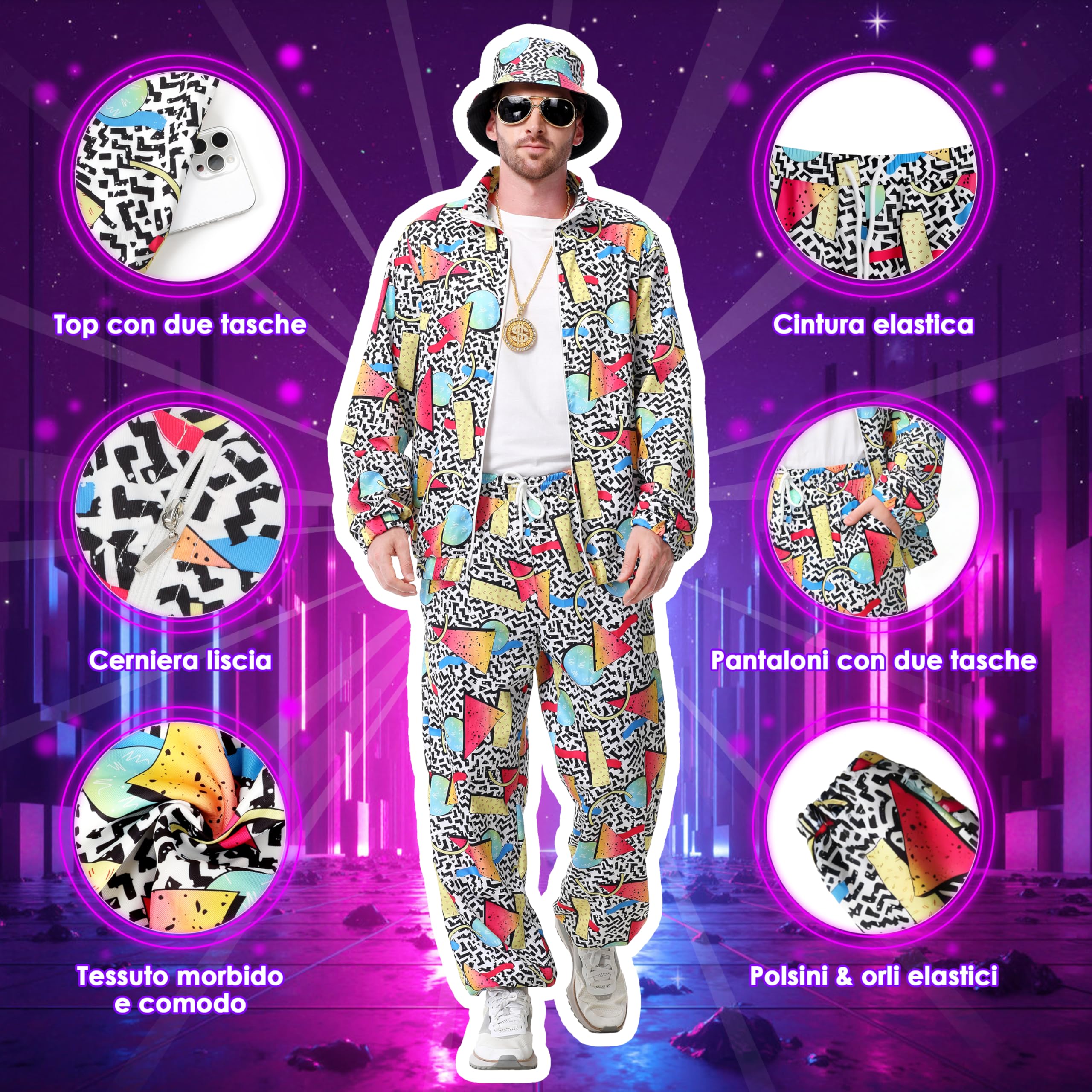 MOMOSTAR Estilo Años 80-90 Hip-Hop Blanco Ropa Deportiva para Hombres y Mujeres Adecuada para Reuniones Festivas y Vestimenta Laboral Cotidiana Incluye Accesorios Festivos