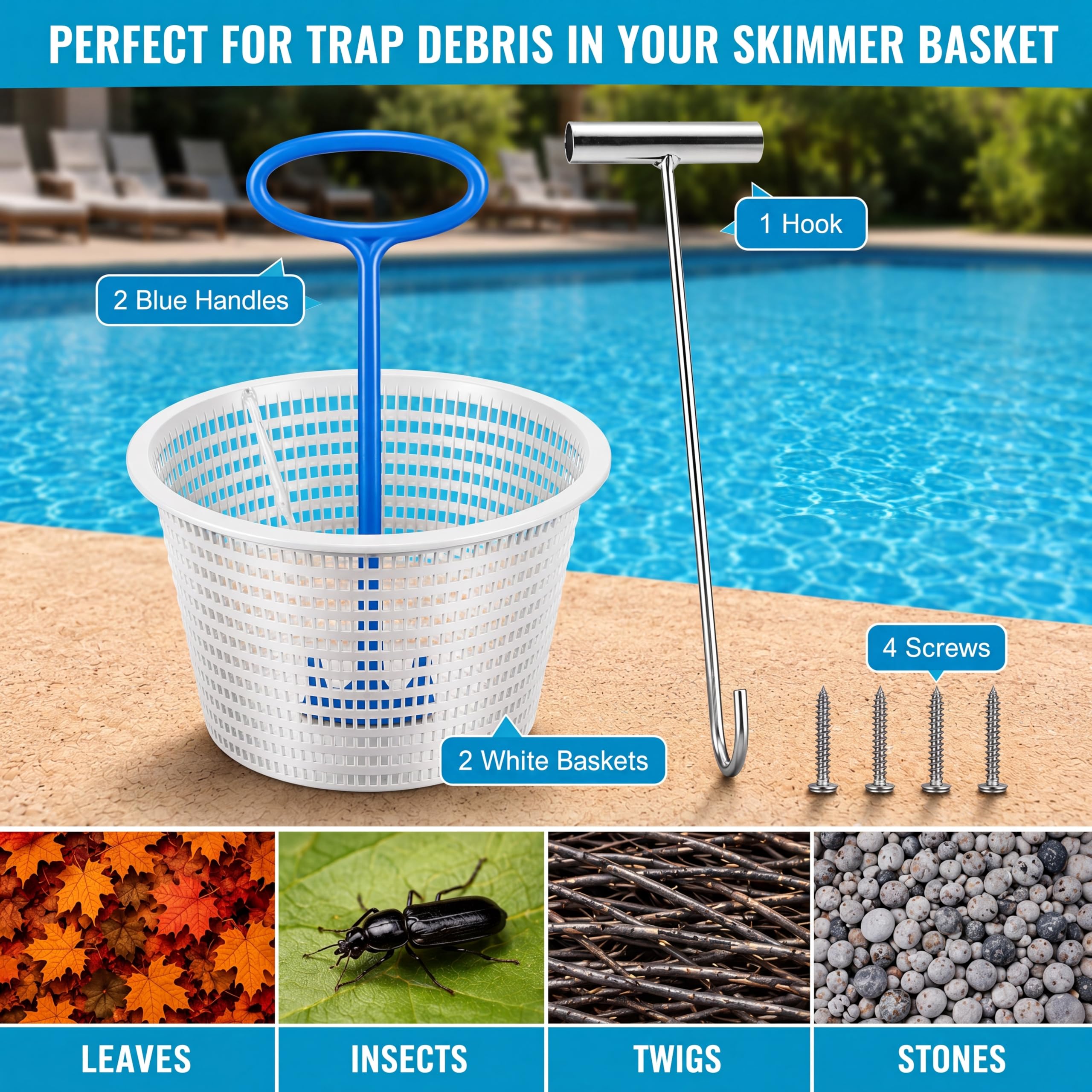 Saillong 2 cestas de repuesto blancas de 8 pulgadas y 2 asas de cesta de skimmer y 1 gancho de acero inoxidable plateado, cesta universal para piscina con asa para eliminar desechos de piscina,