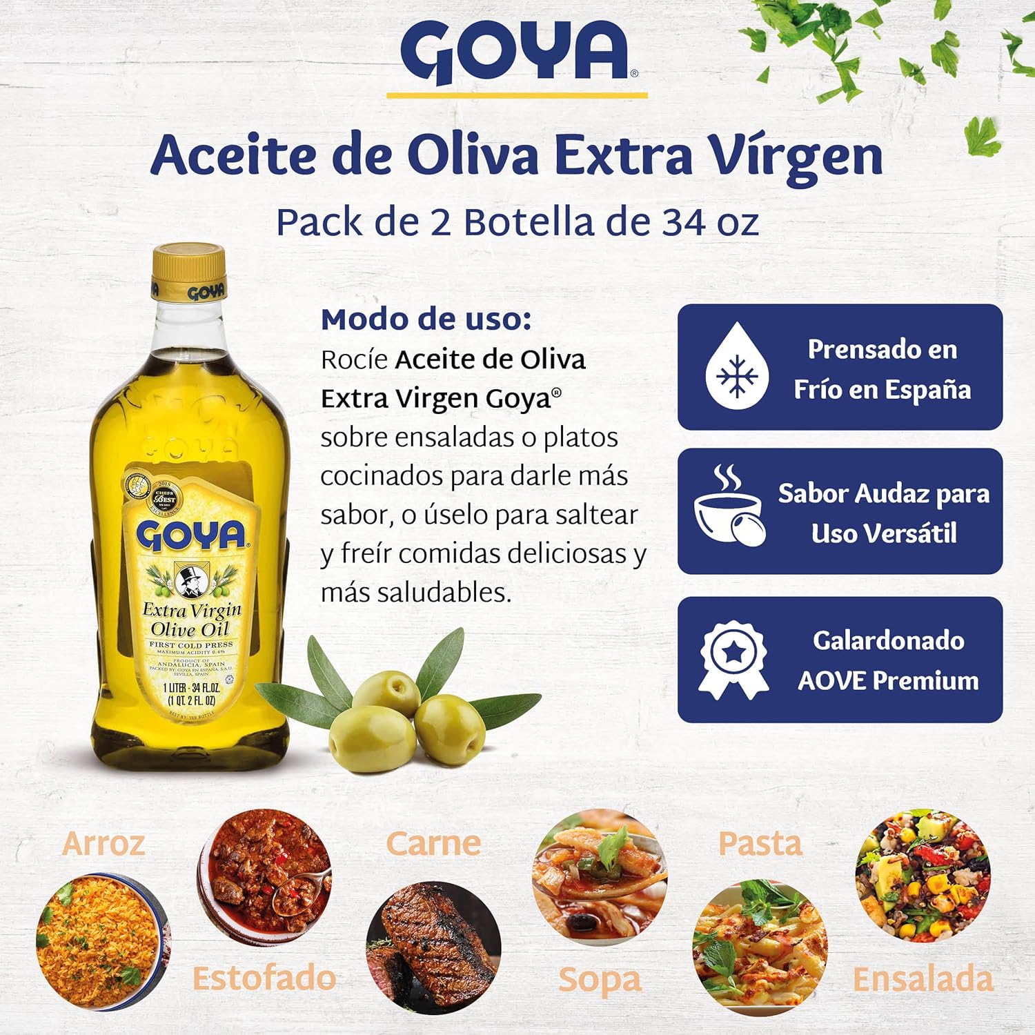 Extra Virgin Olive Oil by Goya, Cold Pressed, Evoo Extra Virgin Olive Oil for Cooking, Polyphenol Rich, 34 fl oz. Bottle (Pack of 2)