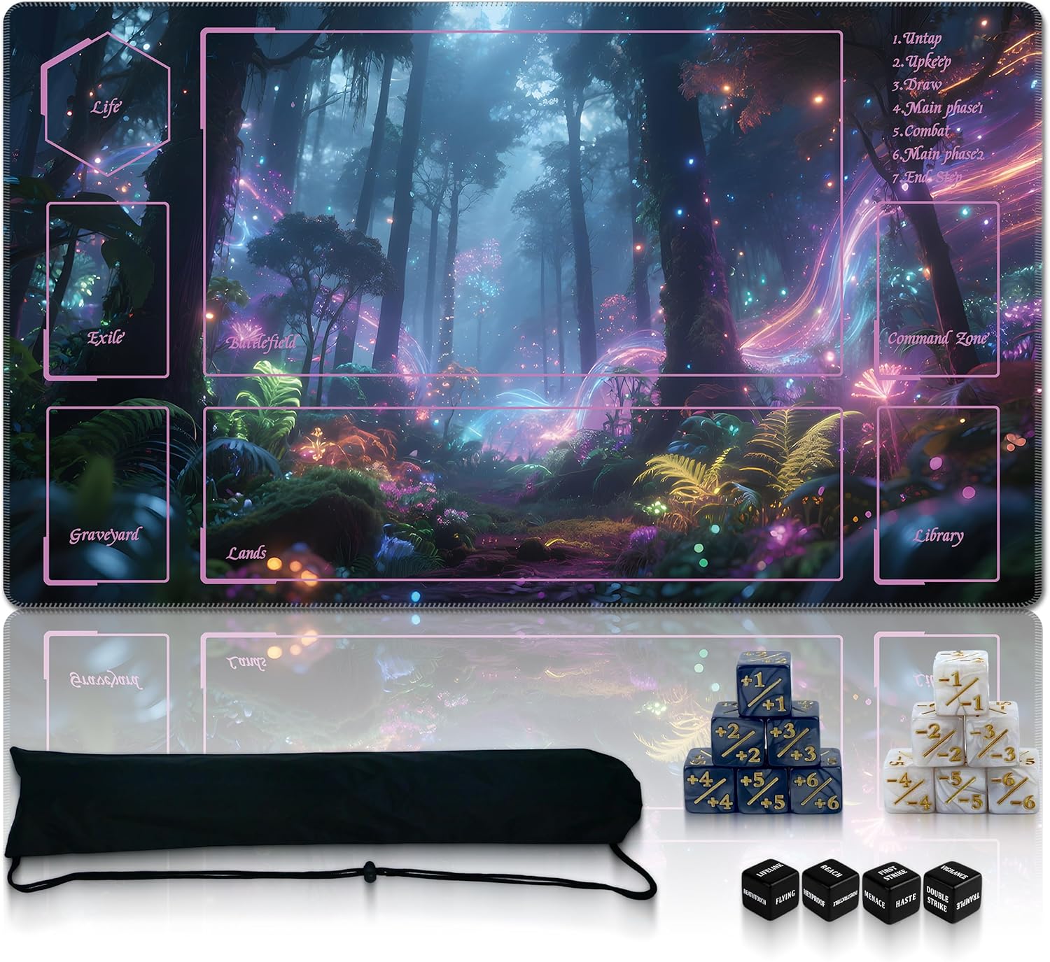 Ultimate TCG Battle Set: Stitched Playmat (24"x14") + 16 Dice + Carry Bag – 3-in-1 Non-Slip Rubber Commander Mat Compatible with MTG – Portable 2mm Fantasy Map Game Pad (MAP1, LOTR Series)