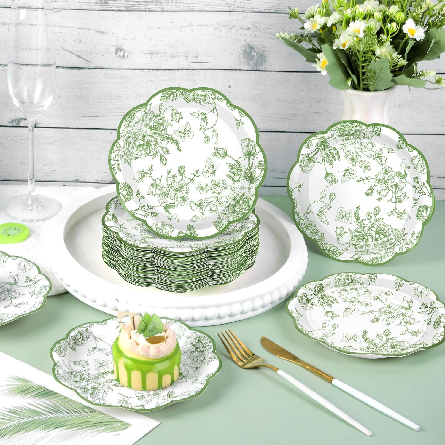 Kochorie 150 Pieces Sage Green Flower Paper Plates 7 Inches Disposable Floral Paper Plates Scalloped Sage Green Chinoiserie Vintage Flower Dessert Plate for Wedding Birthday Holiday Party Supplies