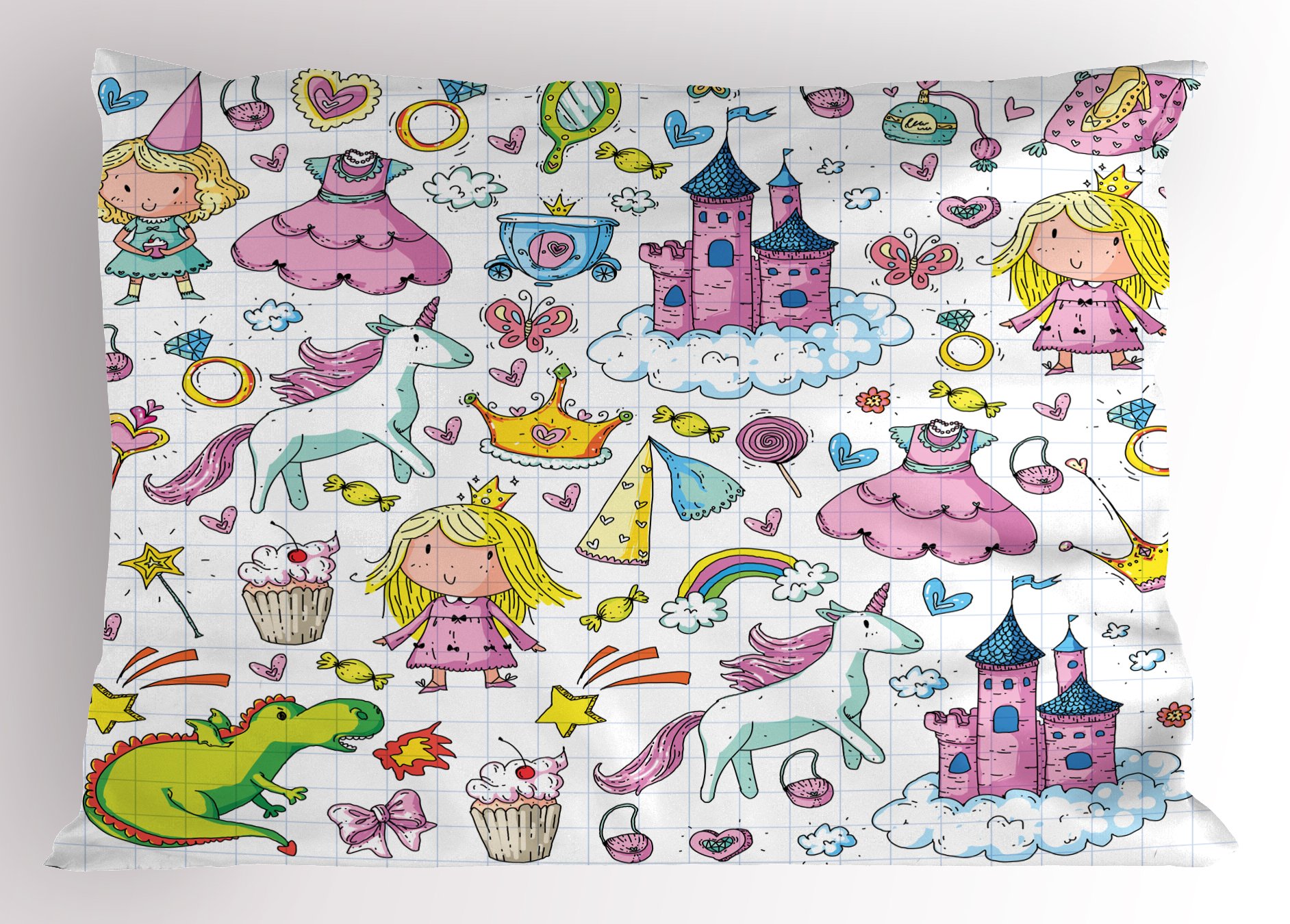 Ambesonne Cartoon Pillow Sham, Bundle of Girls Composition Tale Fantasy Characters Castles Accessories, Decorative Standard Size Printed Pillowcase, 26