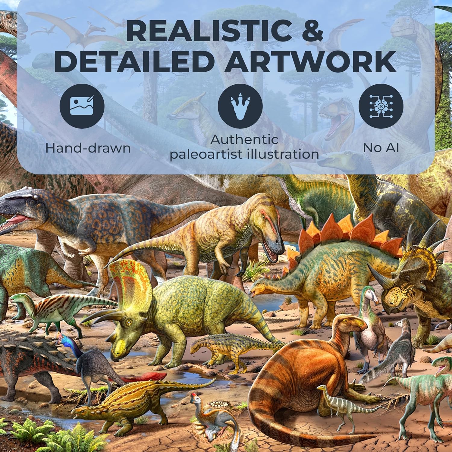 Dinosaur Scene - Jigsaw Puzzles for Adults 1000 Pieces - Hand Drawn Illustration - 1:1 Poster with Dino Names & Marks Included - Thick Cardboard No Puzzle Dust - Fun & Engaging Screen-Free Time