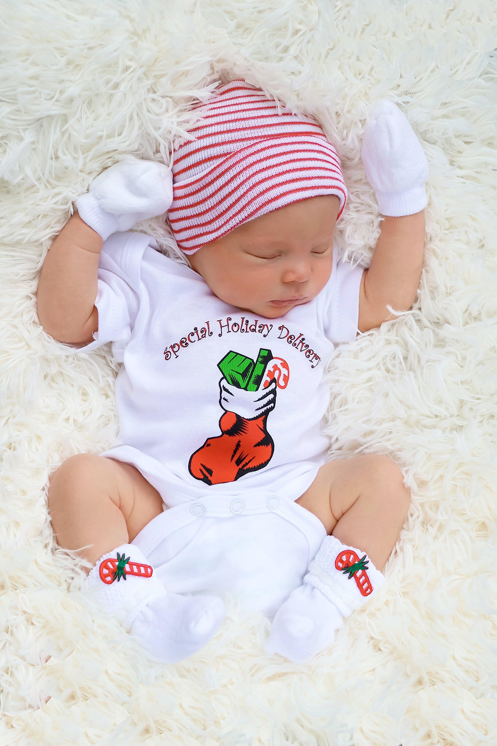 First Christmas Newborn Baby Set - Includes Romper, Baby Hat, Socks & Mittens by Nurses Choice