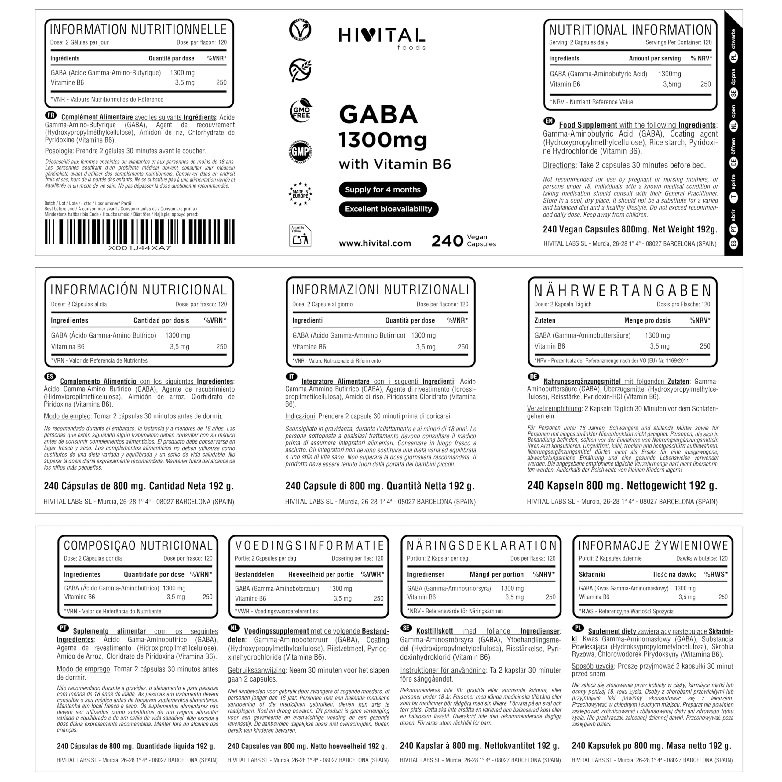 GABA 1300 mg avec Vitamine B6. 240 gélules végétaliennes pour 4 mois de traitement. Acide Gamma Aminobutyrique avec 3,5 milligrammes de Vitamine B6. Fabriqué en Europe par HIVITAL