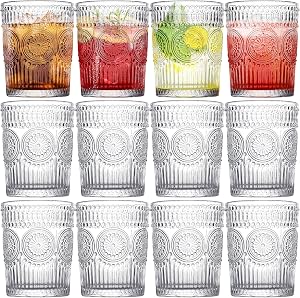 Vintage Drinking Glasses Set of 12, Textured Clear Striped Glass Cups, 10oz Ribbed Glassware Set, Tall Water Glass Tumblers, Mojito Cups, Cocktail Glass, Iced Coffee Cup, Bar Glassware