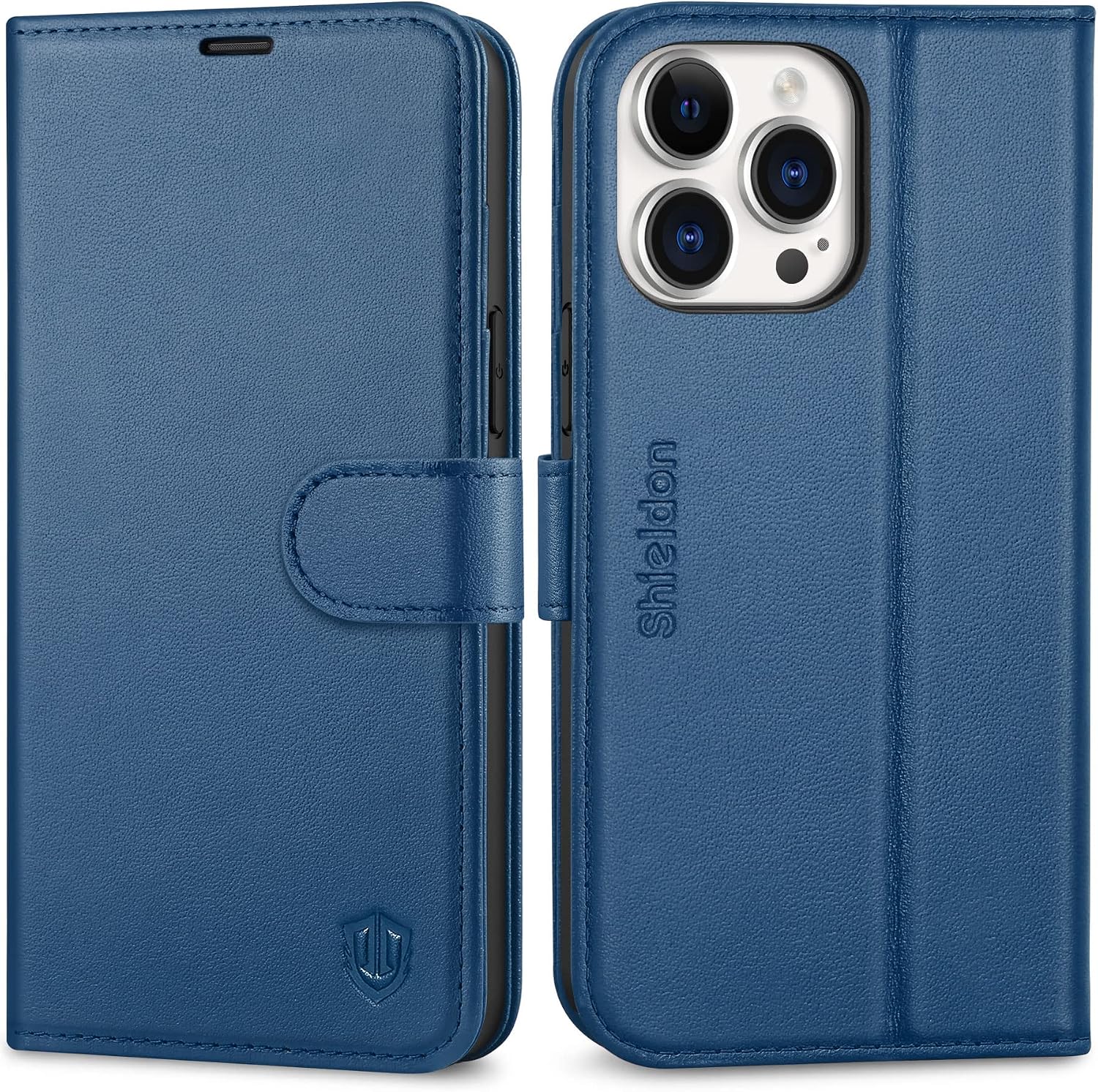 SHIELDON Case for iPhone 14 Pro Max 5G, Genuine Leather Wallet Folio Case RFID Blocking Card Holder Kickstand Shockproof Protection Case Compatible with iPhone 14 Pro Max 6.7" 2022 - Royal Blue