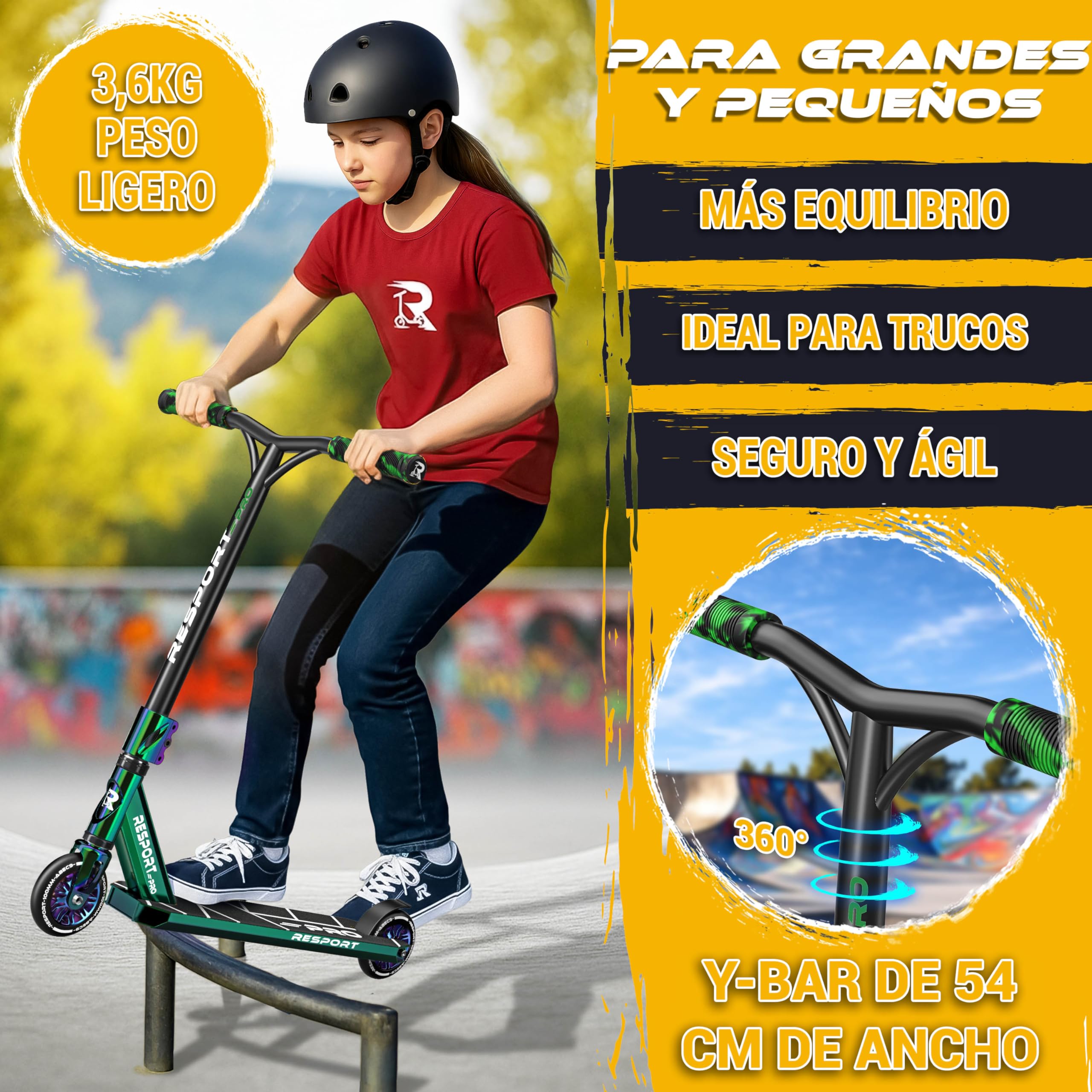 RE:SPORT Patinete de acrobacias Revo Pro para niños y adultos con soporte, patinete profesional de 110 mm, ruedas de poliuretano y barra en Y, patinete de acrobacias, patinete ABEC 9, rodamientos de — view 6