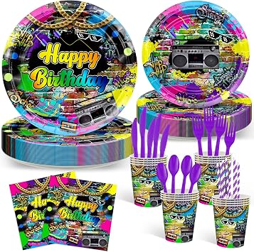 Avezano 192 Pcs 80s Party Tableware Set 80s Birthday Hip Hop Party Table Decorations Supplies Retro 80s Theme Paper Plates, Napkins, Cups and Plastic Cutlery for 24 Guests