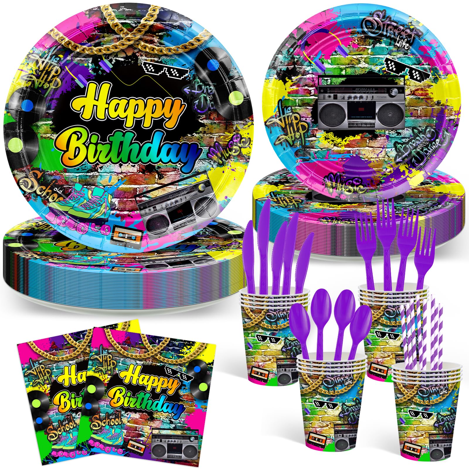 Avezano 192 Pcs 80’s Party Tableware Set 80s Birthday Hip Hop Party Table Decorations Supplies Retro 80s Theme Paper Plates, Napkins, Cups and Plastic Cutlery for 24 Guests