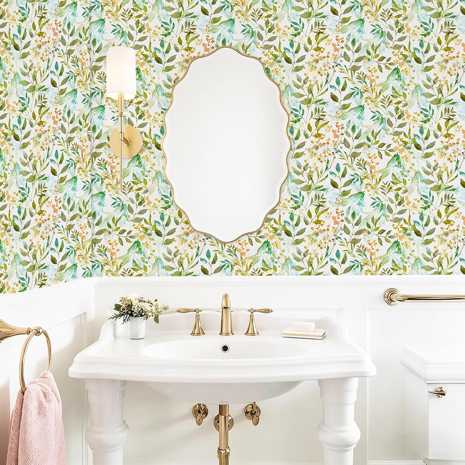 Kazova Green Leaf Wallpaper Botanical Leaf Wall Paper Watercolor Leaves Stickers Peel and Stick Removable Green Botanical Decals for Bedroom Bathroom Living Room Decor（2 Sheets）