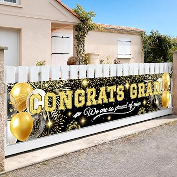 Class of 2026 Graduation Banner, Congrats Grad Yard Sign Outdoor Decoration, 6 x 1.3 FT Black and Gold Graduation Backdrop with 4 Grommets for Fence, Wall, School and Party Decor