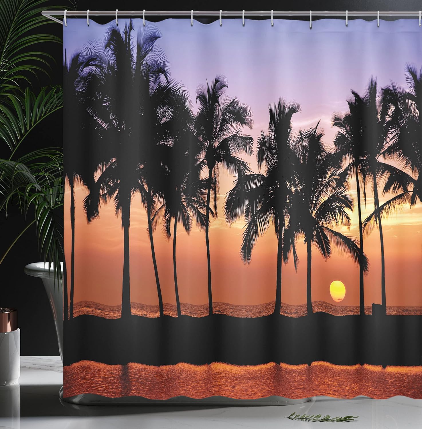 Ambesonne Hawaiian Shower Curtain, Hawaiian Sunset on Big Island Anaehoomalu Bay Ocean Romantic Resort, Cloth Fabric Bathroom Decor Set with Hooks, 69" W x 70" L, Lilac Dark Orange Black