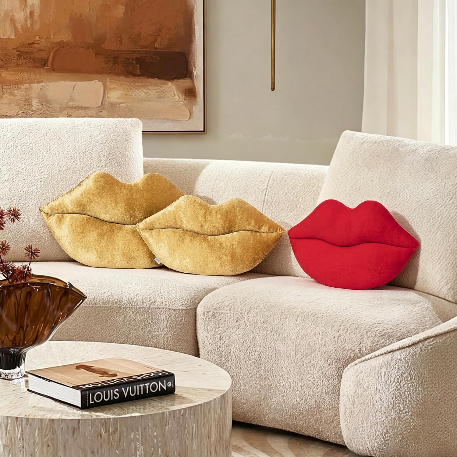 AELS 3D Large Lips Throw Pillows, Soft Decorative Love Pillows, Velvet Cute Pillow, 24 x 12 inches for Couch, Sofa, Bed, Living Room, Bedroom, Bronze Gold