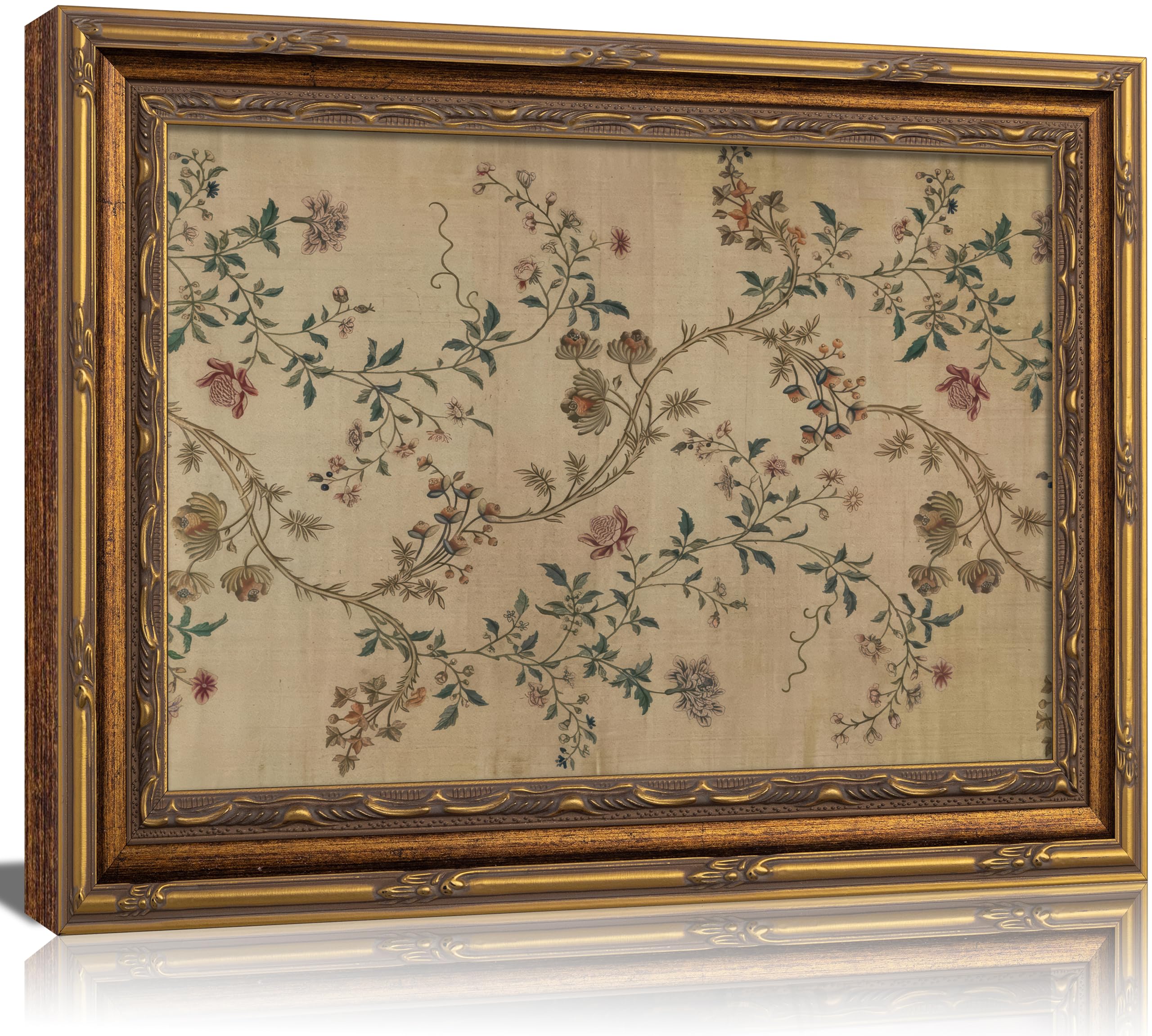 Vintage gold framed Floral Vine wall art Retro Beige Botanical Painting Canvas Prints Elegant Antique Flower French Leaf Wall Decor for Farmhouse Bedroom Living Room Home Decration 16x24in
