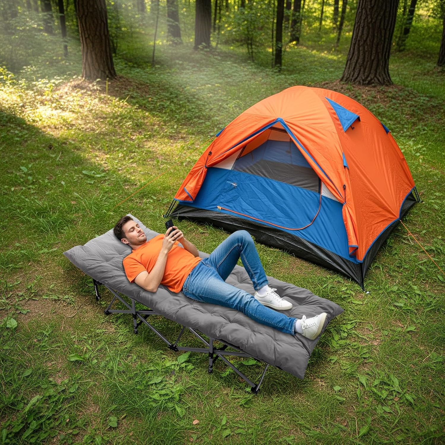 Folding Camping Bed for Adults, Camping Cot with Thick and Soft Mattress for Travel, Poolside, Picnic, Office, Patio, 150kg Load Capacity, Grey