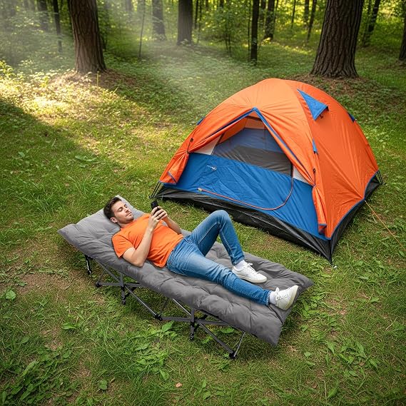 Folding Camping Bed for Adults, Camping Cot with Thick and Soft Mattress for Travel, Poolside, Picnic, Office, Patio, 150kg Load Capacity, Grey