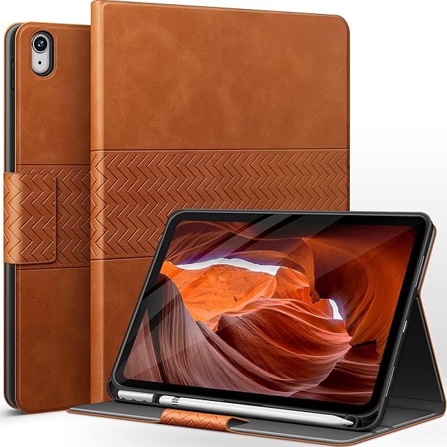 AUAUA Case for iPad 10th Generation 2022, 10.9 inch Case with Pencil Holder, Auto Sleep/Wake, Adjustable Stand, Anti-Fingerprint PU Leather (Brown)