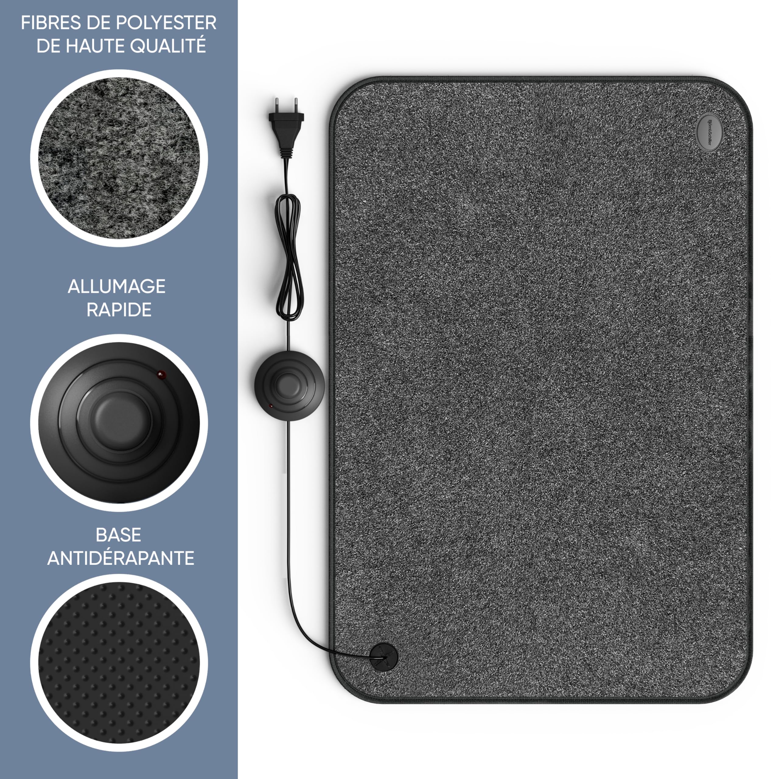 Björn&Schiller Tapis chauffant électrique avec interrupteur, tapis chauffant pour sol, 75 watts, chaleur pour les pieds, 40x60 cm, tapis chauffant pour le bureau et la maison, câble 210cm