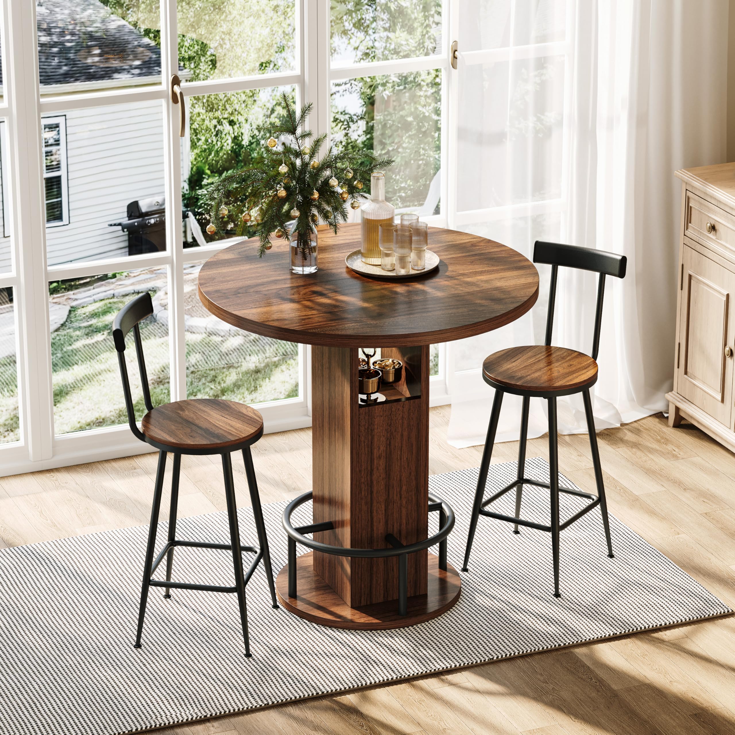 Set Tavolo da Bar con 2 Sgabelli in Legno e Acciaio, Cucina, Noce, 3 Pezzi