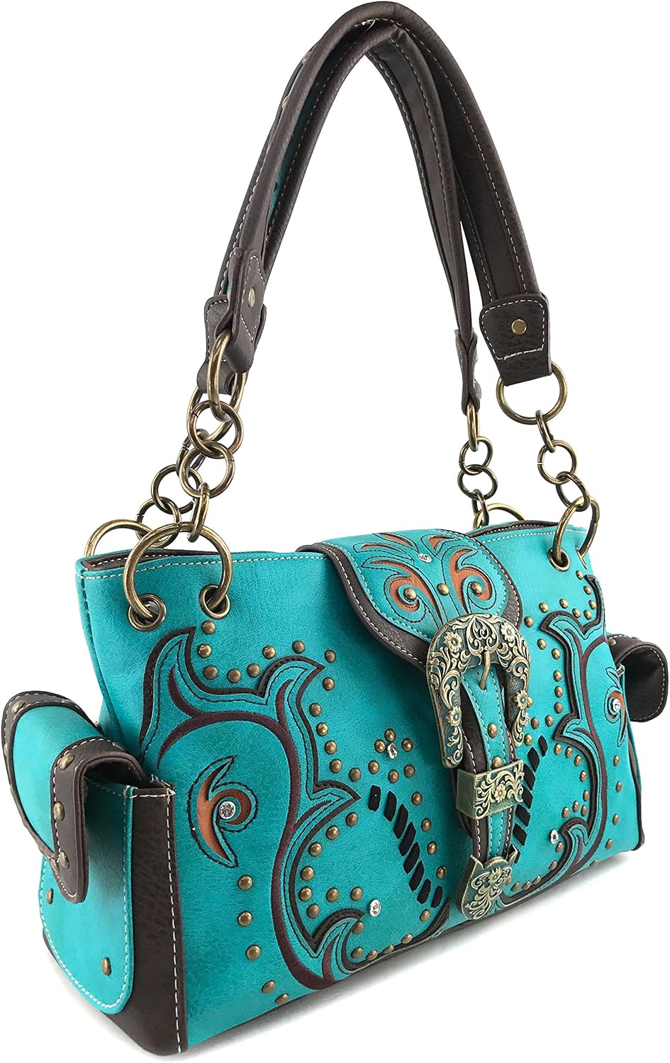 Justin West Patina Girl Western Bronze Floral Buckle Conceal Carry Handbag Purse Tote and Strap Wallet