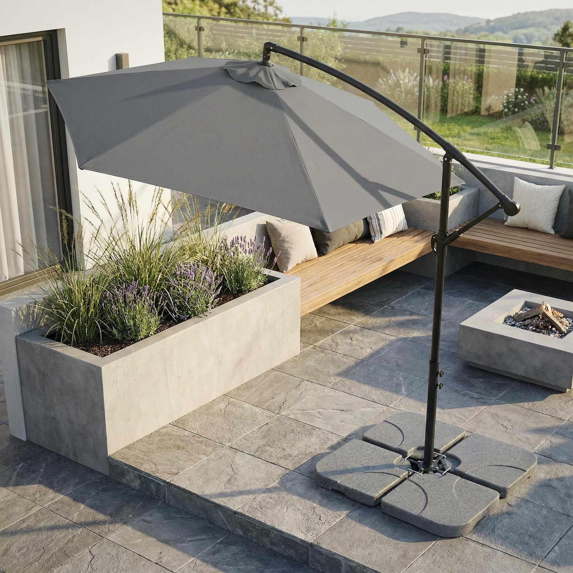 ML-Design 4-czesciowa podstawa parasola ogrodowego zestaw obciazników 60L / 80 kg do podstawy krzyzowej wypelnienie woda lub piaskiem wyglad kamienia odporna na warunki atmosferyczne metalowe laczniki