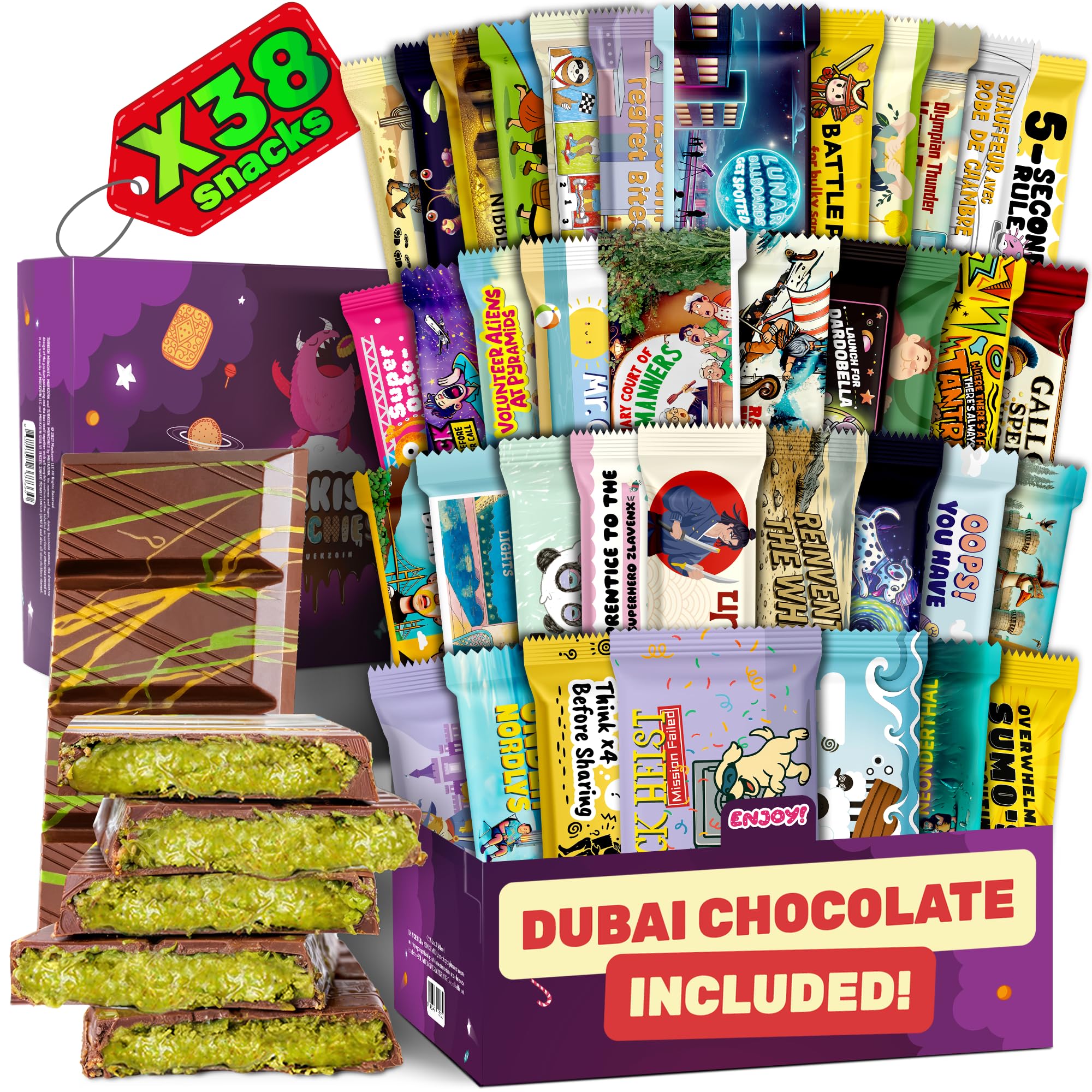 Dubai Chocolate Bar with Mega International Snack Box | Premium Exotic Foreign Snacks Unique Food Gifts Included Try Extraordinary Turkish Candies from Around the World 32 Full-Size