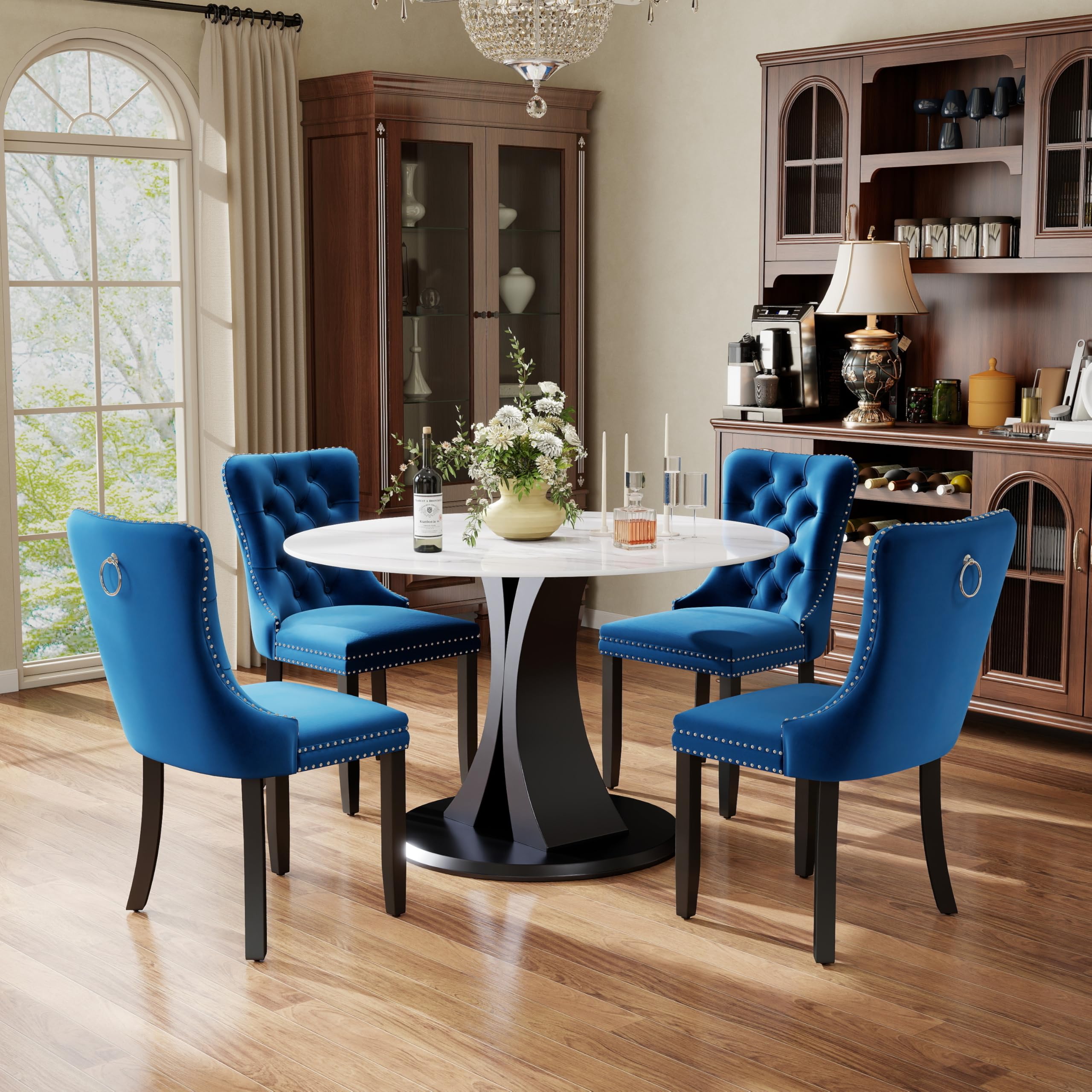 5-Piece Dining Table Set with 39In Faux Marble Table and 4 Velvet Upholstered Chairs, Modern Scandinavian Furniture for Dining Room Kitchen(Blue)