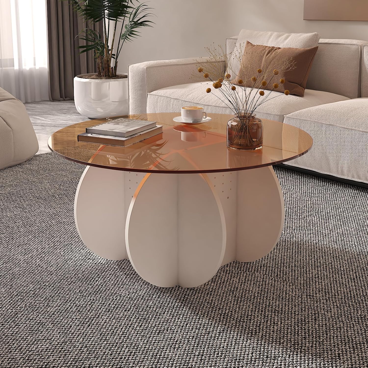 Round Coffee Table with Glass Top,Center Table with Storage for Living Room,Small Spaces, Office, and Lounge,32" Brown Glass Coffee Table