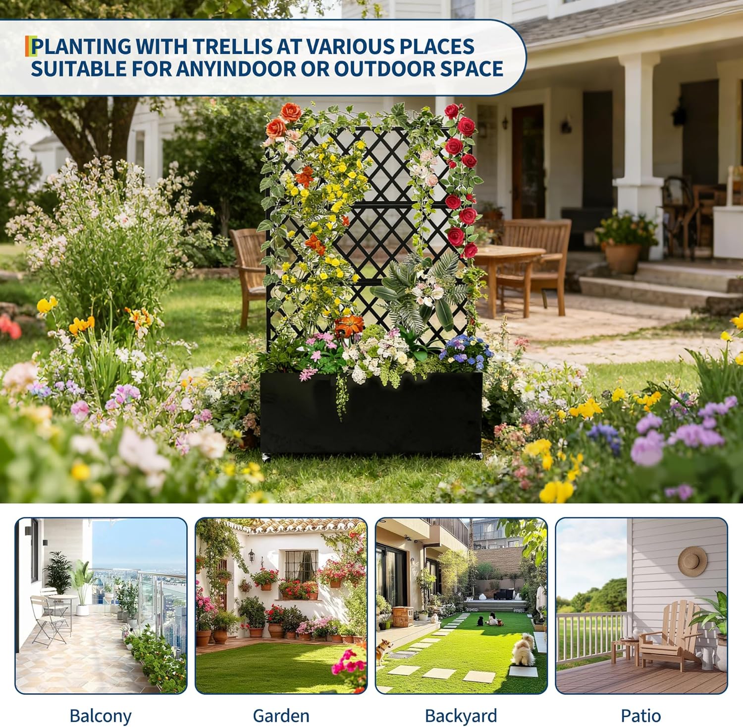 Galvanized Steel Raised Garden Bed with Trellis, 71"X46"X16" Planter Box with Lockable Wheels, Drainage Holes & Privacy Screen for Vegetables, Vines on Patio, Deck, Yard, Black